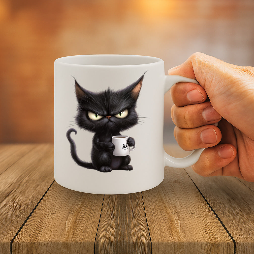 Hilariously Grumpy Black Cat Coffee Mug with Mini Mug Print – Perfect for Sarcastic Mornings and Cat Lovers Alike – MG6644