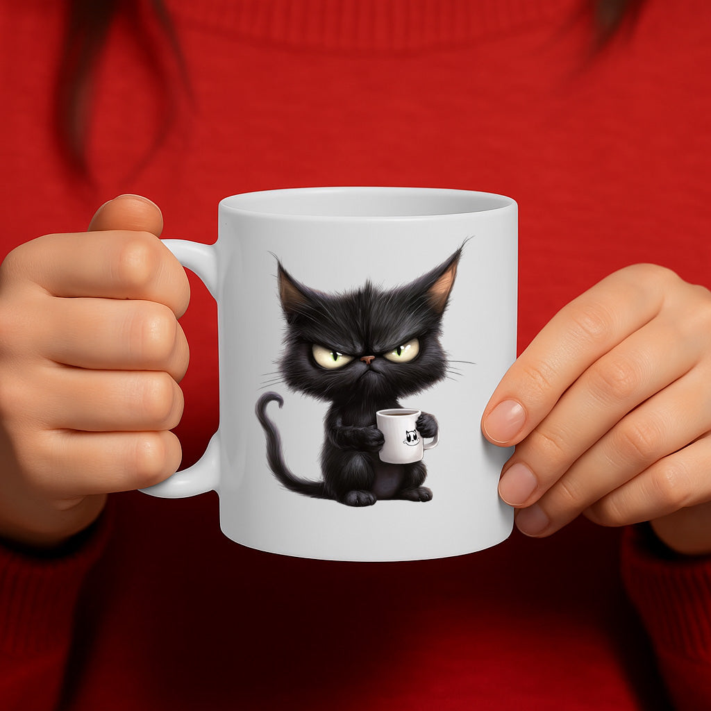 Hilariously Grumpy Black Cat Coffee Mug with Mini Mug Print – Perfect for Sarcastic Mornings and Cat Lovers Alike – MG6644