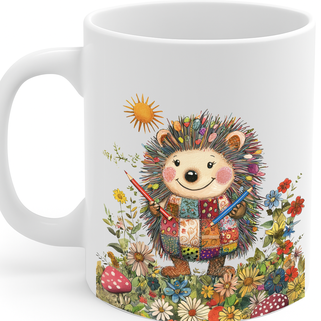 Adorable Artistic Hedgehog in a Patchwork Outfit Surrounded by Wildflowers Ceramic Mug – 11oz, Microwave & Dishwasher Safe – MG6643