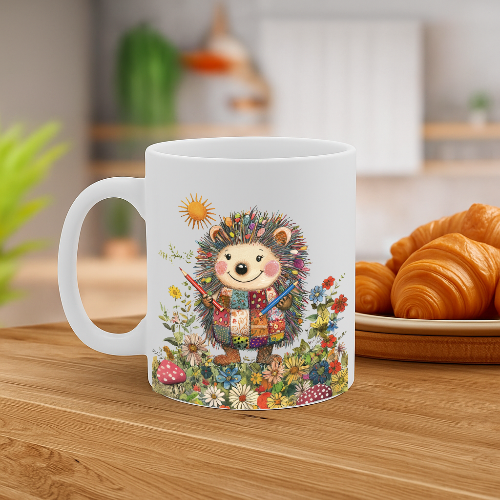 Adorable Artistic Hedgehog in a Patchwork Outfit Surrounded by Wildflowers Ceramic Mug – 11oz, Microwave & Dishwasher Safe – MG6643