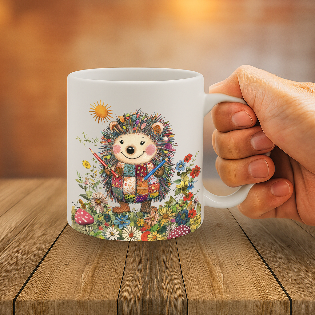 Adorable Artistic Hedgehog in a Patchwork Outfit Surrounded by Wildflowers Ceramic Mug – 11oz, Microwave & Dishwasher Safe – MG6643
