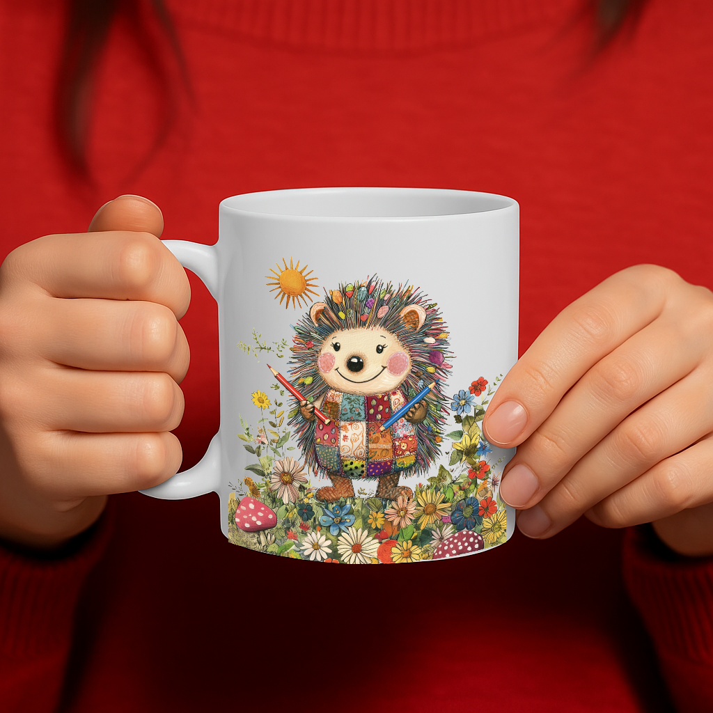 Adorable Artistic Hedgehog in a Patchwork Outfit Surrounded by Wildflowers Ceramic Mug – 11oz, Microwave & Dishwasher Safe – MG6643