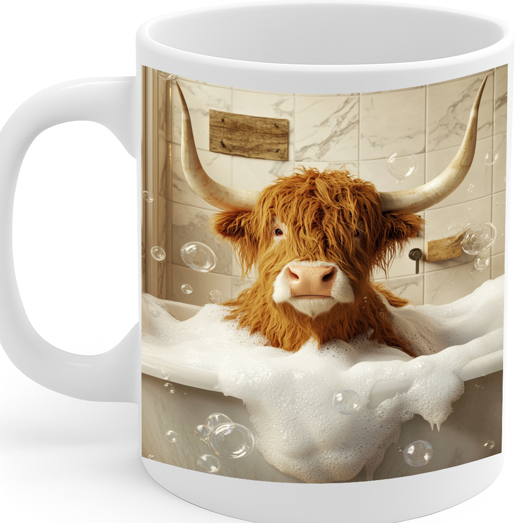 Funny Highland Cow in a Bubble Bath Mug – Whimsical Scottish Humor Coffee Cup for Animal Lovers & Farmhouse Decor Fans – MG6641