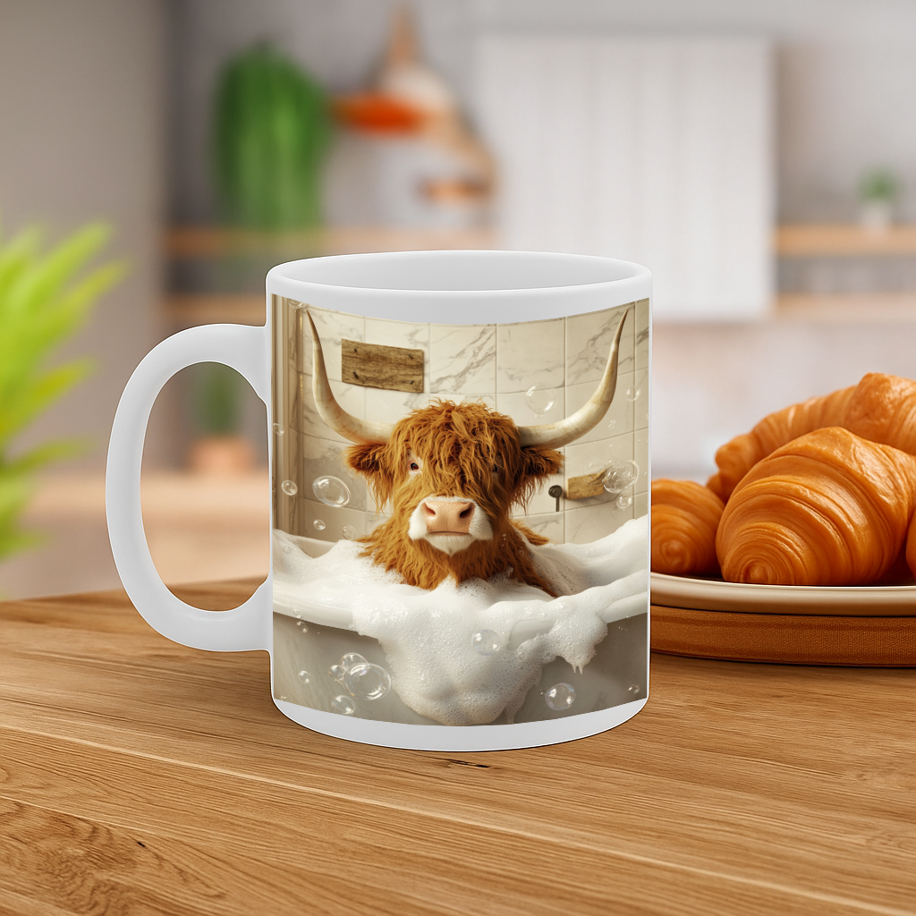Funny Highland Cow in a Bubble Bath Mug – Whimsical Scottish Humor Coffee Cup for Animal Lovers & Farmhouse Decor Fans – MG6641