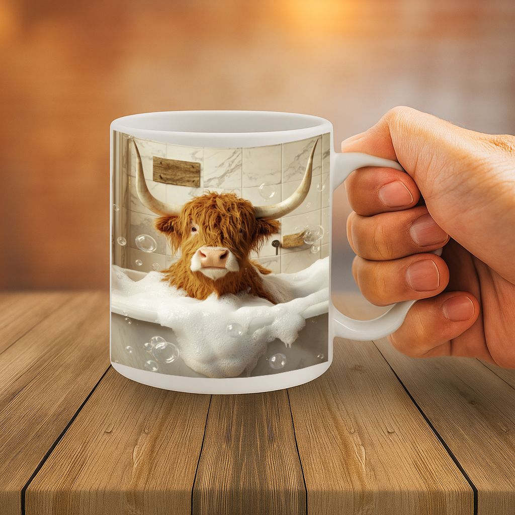 Funny Highland Cow in a Bubble Bath Mug – Whimsical Scottish Humor Coffee Cup for Animal Lovers & Farmhouse Decor Fans – MG6641