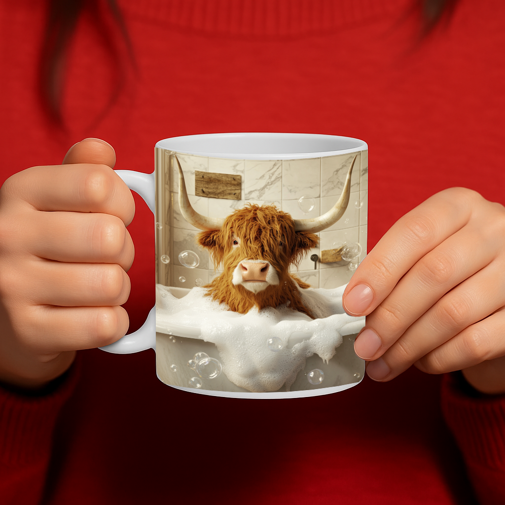 Funny Highland Cow in a Bubble Bath Mug – Whimsical Scottish Humor Coffee Cup for Animal Lovers & Farmhouse Decor Fans – MG6641