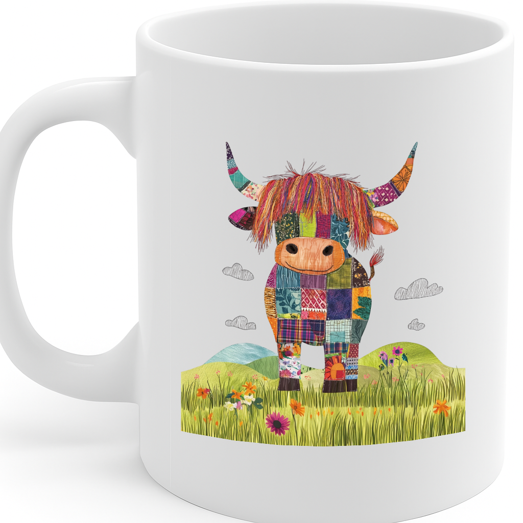 Hilarious Highland Cow Patchwork Mug – Colorful Cartoon Cow in Field – 325ml Ceramic Coffee Cup – Microwave & Dishwasher Safe – MG6642