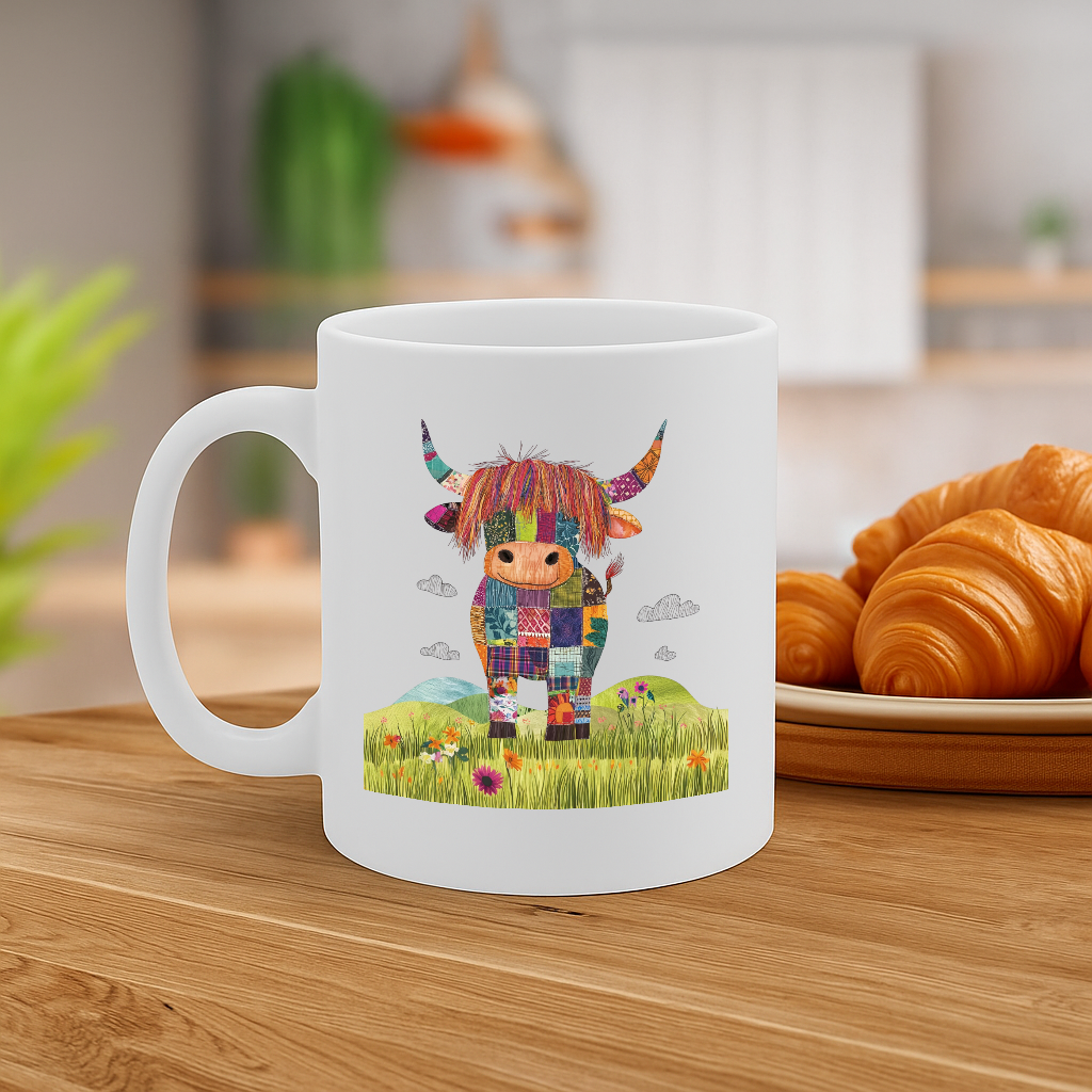 Hilarious Highland Cow Patchwork Mug – Colorful Cartoon Cow in Field – 325ml Ceramic Coffee Cup – Microwave & Dishwasher Safe – MG6642