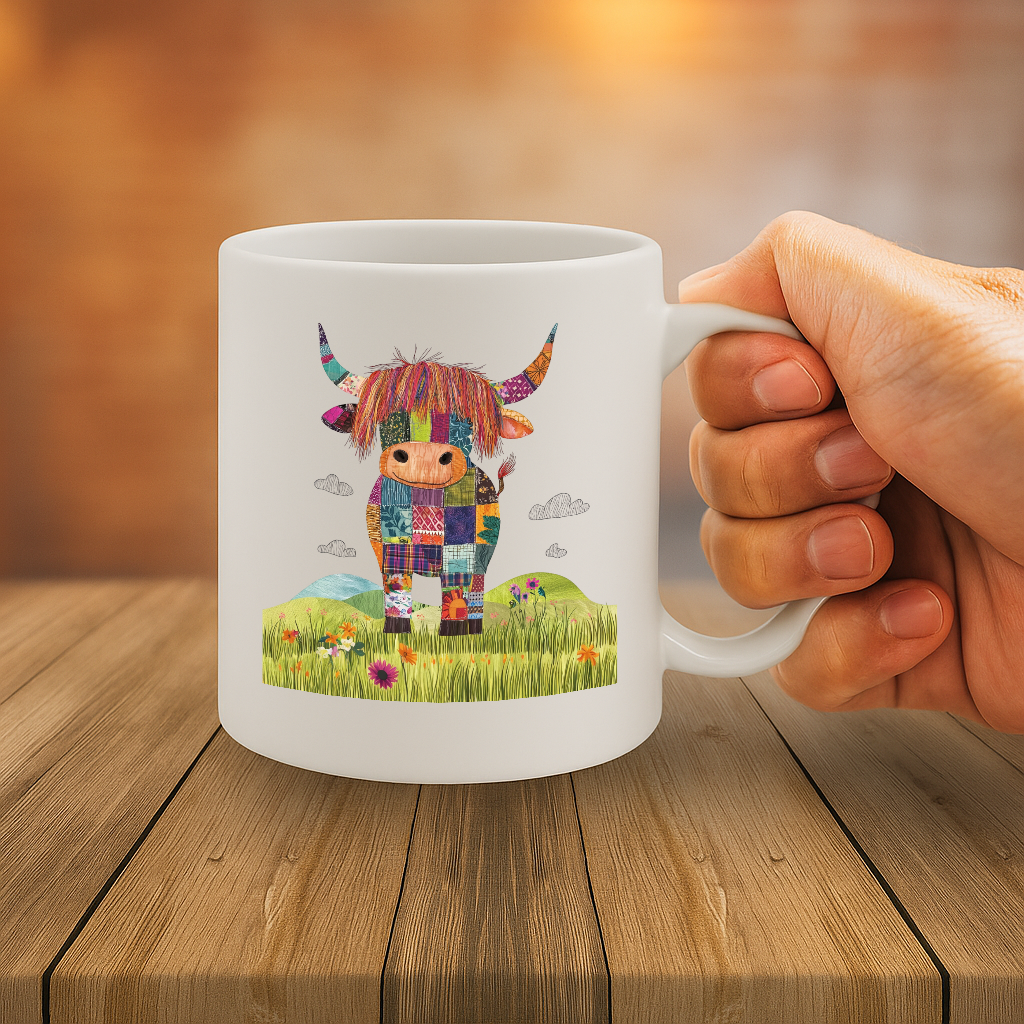 Hilarious Highland Cow Patchwork Mug – Colorful Cartoon Cow in Field – 325ml Ceramic Coffee Cup – Microwave & Dishwasher Safe – MG6642
