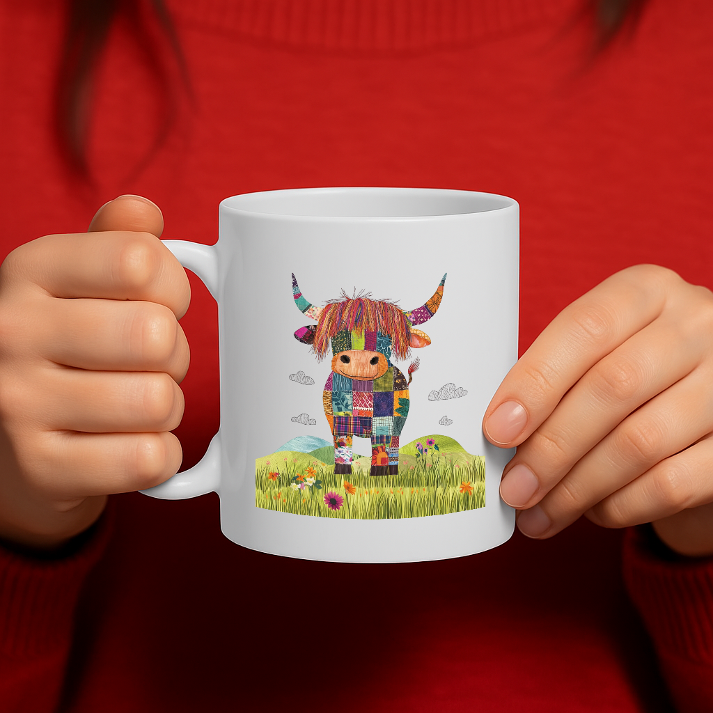 Hilarious Highland Cow Patchwork Mug – Colorful Cartoon Cow in Field – 325ml Ceramic Coffee Cup – Microwave & Dishwasher Safe – MG6642
