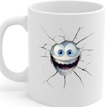 Funny Cracked Wall Face Mug – Hilarious 3D Cartoon Smile Breaking Through Design – 325ml Coffee Cup with Comfort Grip – Dishwasher & Microwave Safe – MG6639