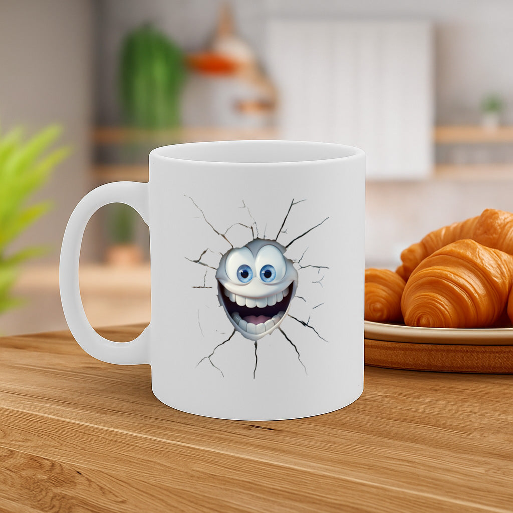 Funny Cracked Wall Face Mug – Hilarious 3D Cartoon Smile Breaking Through Design – 325ml Coffee Cup with Comfort Grip – Dishwasher & Microwave Safe – MG6639