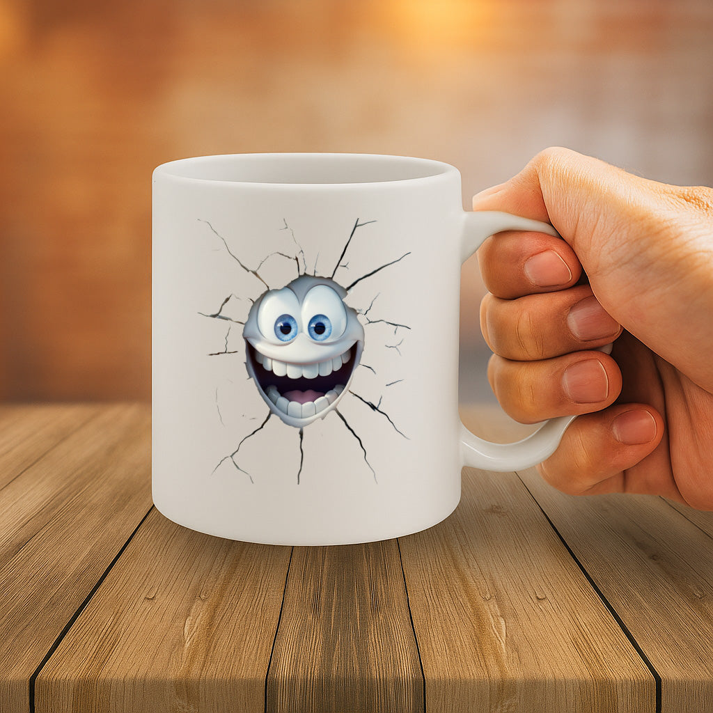 Funny Cracked Wall Face Mug – Hilarious 3D Cartoon Smile Breaking Through Design – 325ml Coffee Cup with Comfort Grip – Dishwasher & Microwave Safe – MG6639