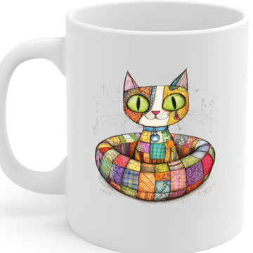Adorable Patchwork Cat Mug for Cat Lovers – Bright Colorful Quilt Art with Big Green Eyes – 11oz Ceramic Cup – Microwave and Dishwasher Safe – MG6638