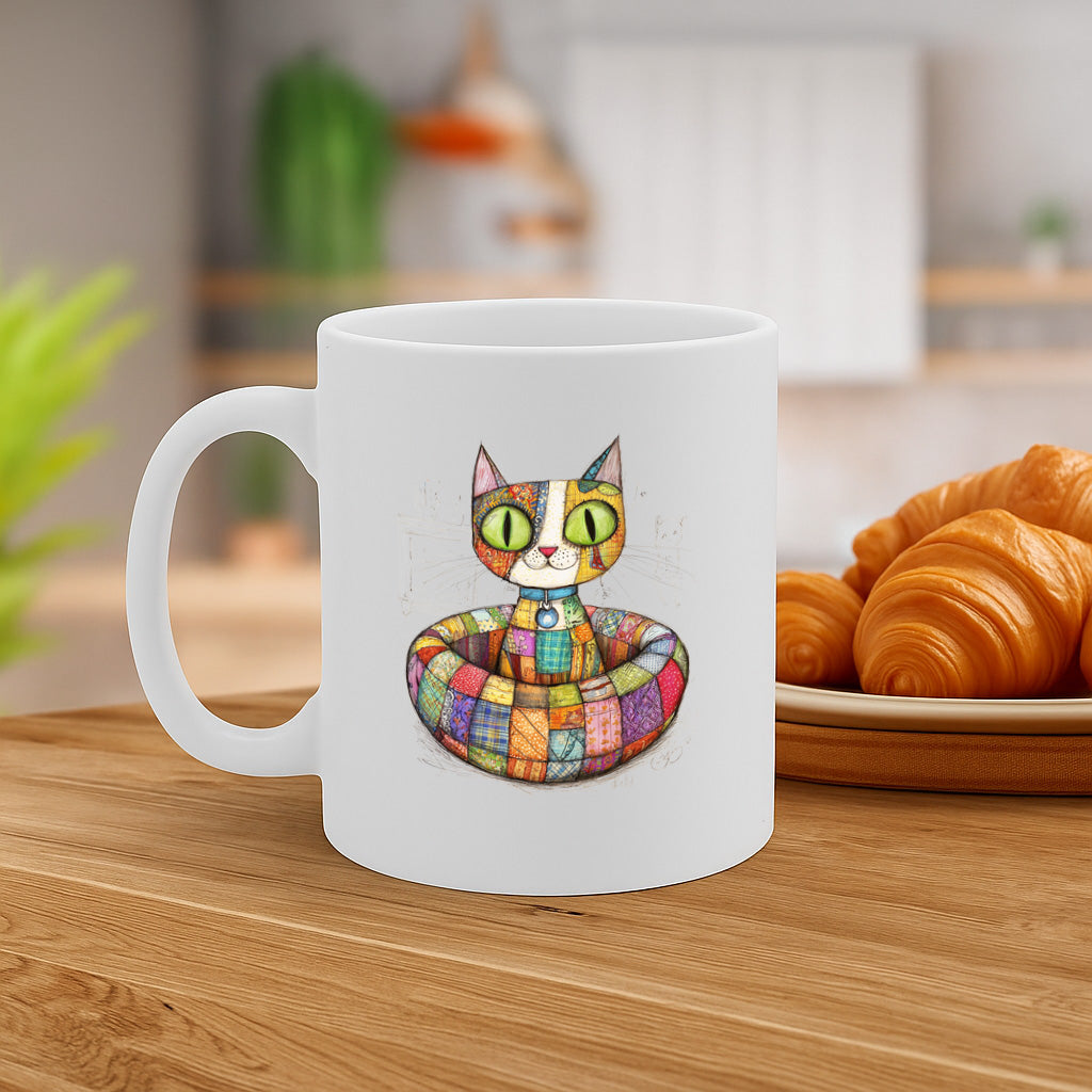 Adorable Patchwork Cat Mug for Cat Lovers – Bright Colorful Quilt Art with Big Green Eyes – 11oz Ceramic Cup – Microwave and Dishwasher Safe – MG6638