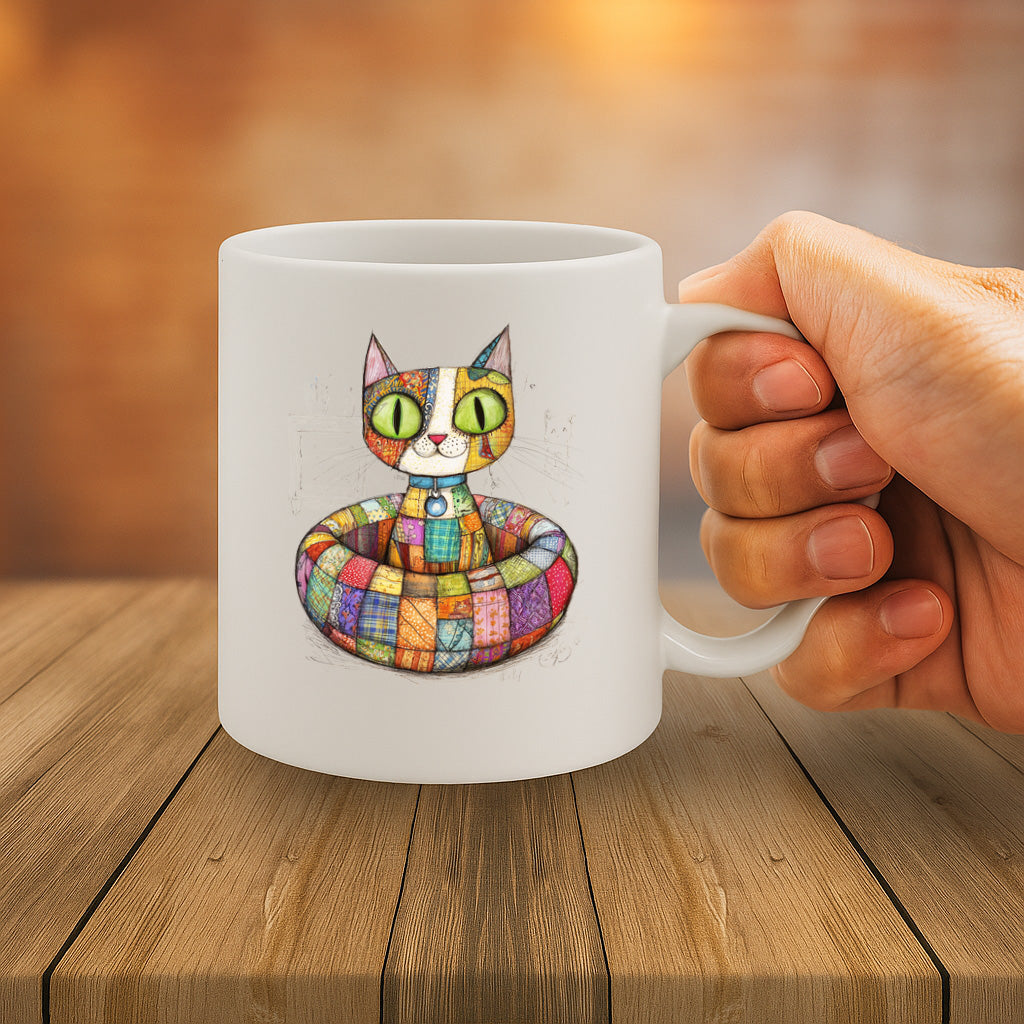 Adorable Patchwork Cat Mug for Cat Lovers – Bright Colorful Quilt Art with Big Green Eyes – 11oz Ceramic Cup – Microwave and Dishwasher Safe – MG6638
