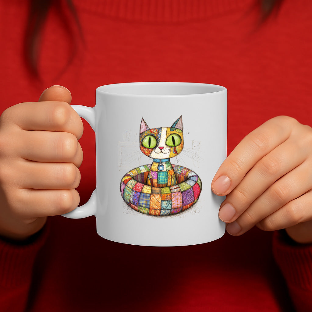 Adorable Patchwork Cat Mug for Cat Lovers – Bright Colorful Quilt Art with Big Green Eyes – 11oz Ceramic Cup – Microwave and Dishwasher Safe – MG6638
