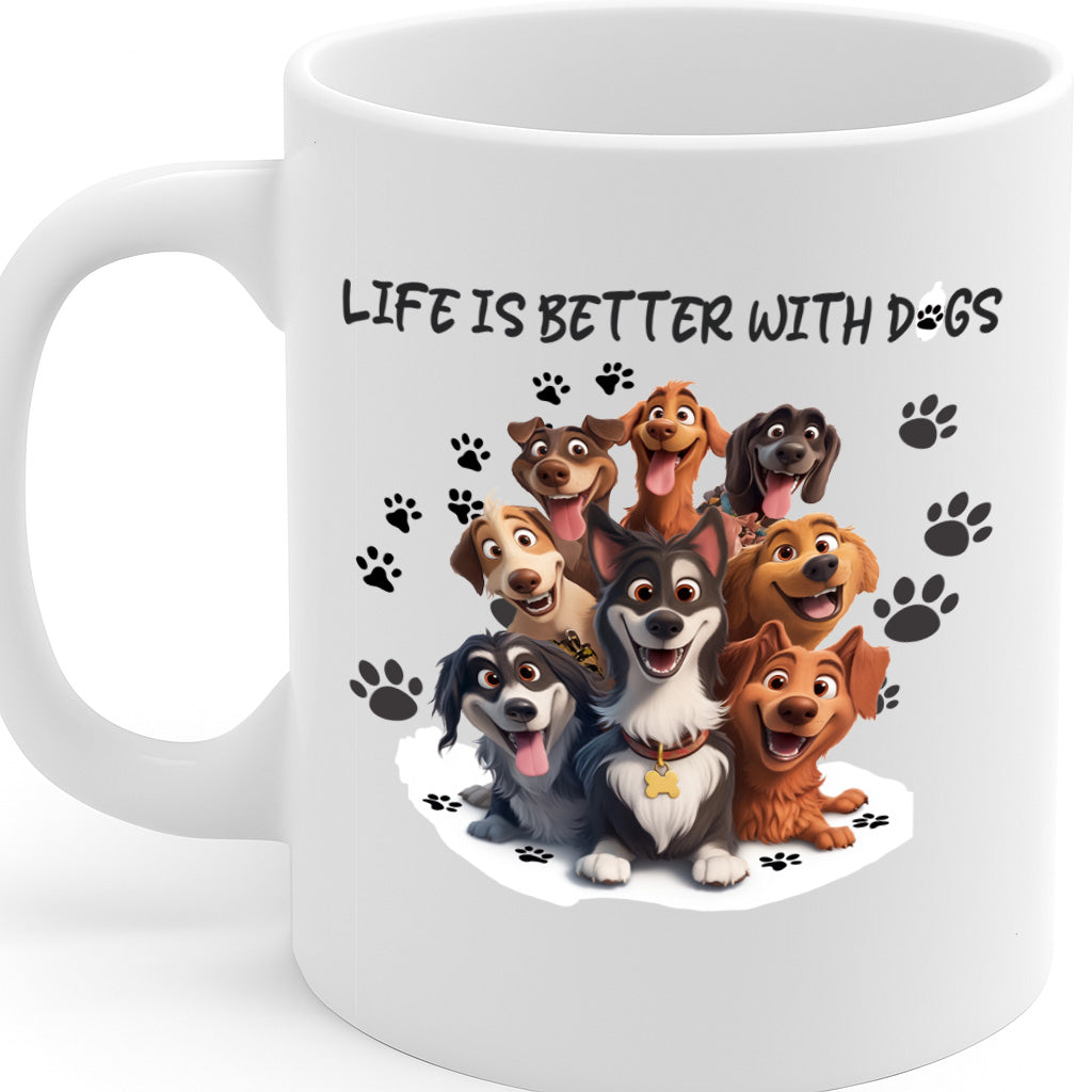 Adorable "Life is Better with Dogs" Mug Featuring Happy Cartoon Pups and Paw Prints, 325ml Ceramic – Dishwasher & Microwave Safe – MG6637