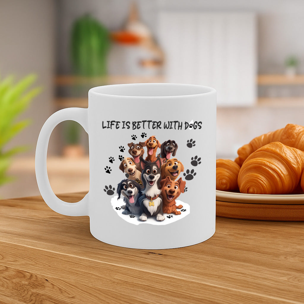 Adorable "Life is Better with Dogs" Mug Featuring Happy Cartoon Pups and Paw Prints, 325ml Ceramic – Dishwasher & Microwave Safe – MG6637