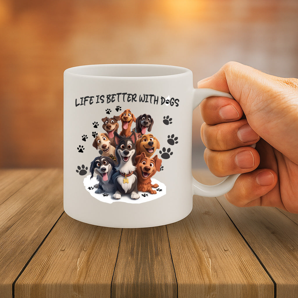 Adorable "Life is Better with Dogs" Mug Featuring Happy Cartoon Pups and Paw Prints, 325ml Ceramic – Dishwasher & Microwave Safe – MG6637