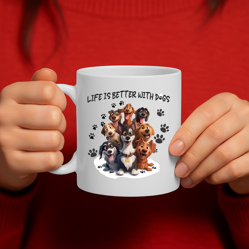 Adorable "Life is Better with Dogs" Mug Featuring Happy Cartoon Pups and Paw Prints, 325ml Ceramic – Dishwasher & Microwave Safe – MG6637