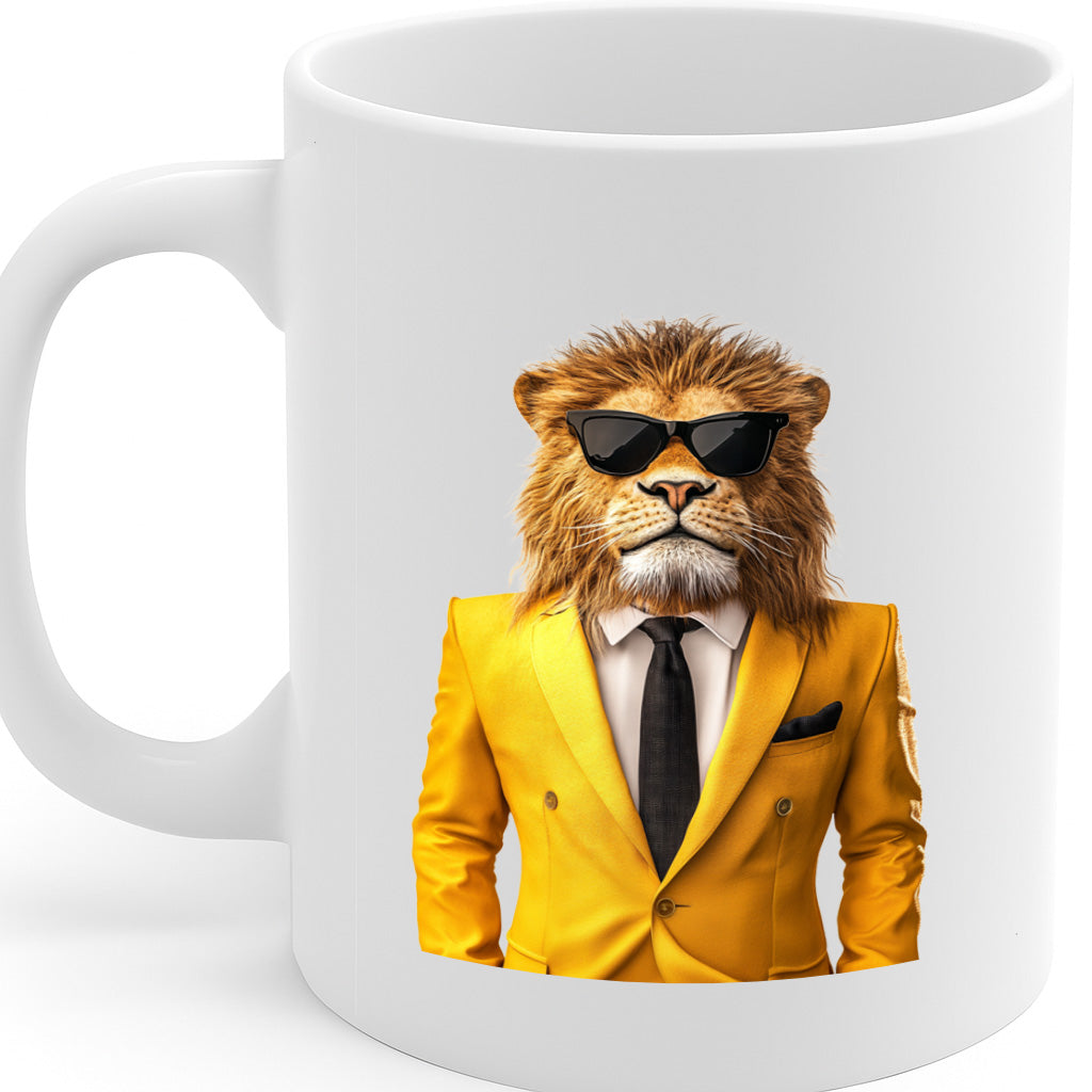 Stylish Cool Lion in Yellow Suit Coffee Mug – Bold Animal Art Design with Sunglasses, Perfect for Gifting or Office Vibes – 11 oz Ceramic Mug – MG6636