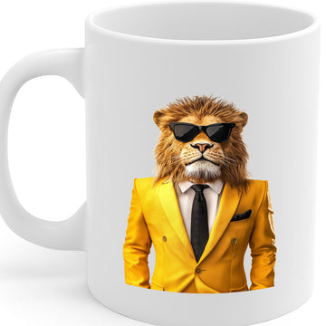 Stylish Cool Lion in Yellow Suit Coffee Mug – Bold Animal Art Design with Sunglasses, Perfect for Gifting or Office Vibes – 11 oz Ceramic Mug – MG6636
