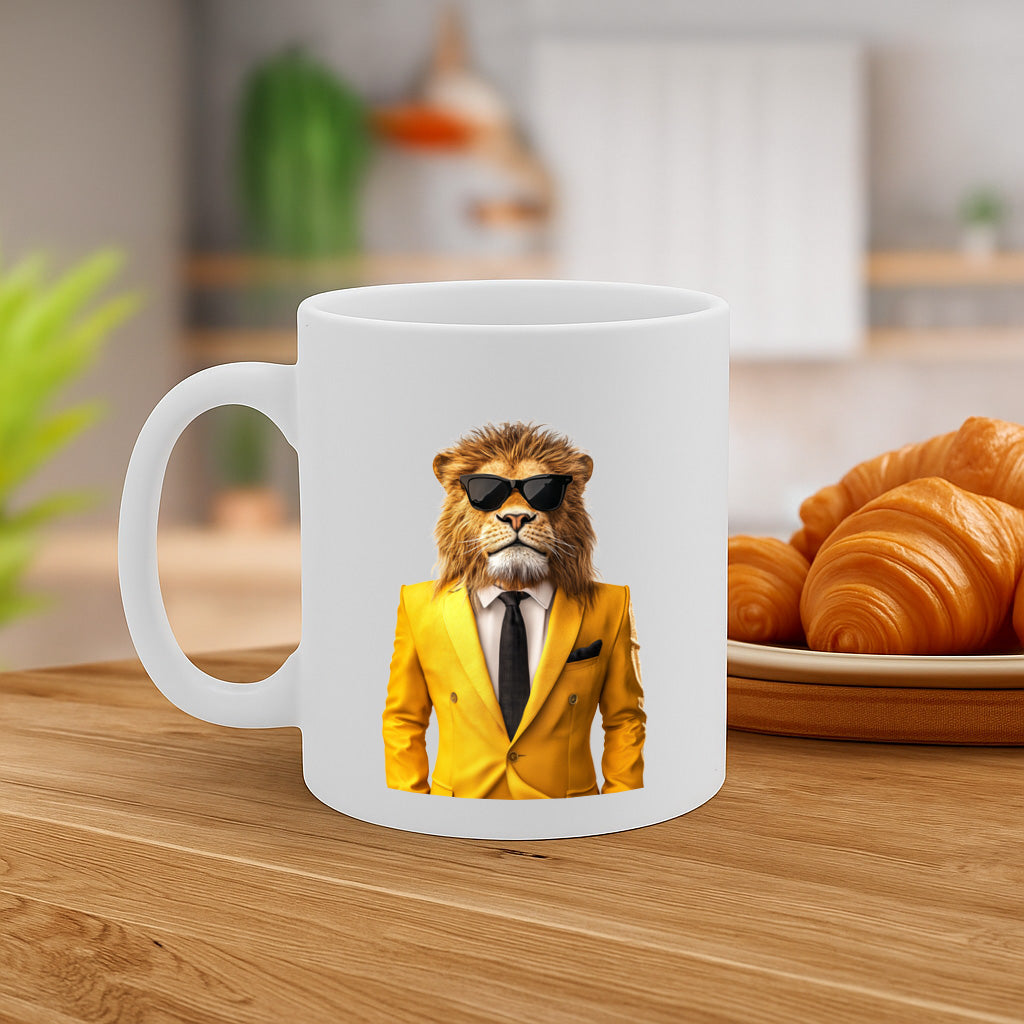 Stylish Cool Lion in Yellow Suit Coffee Mug – Bold Animal Art Design with Sunglasses, Perfect for Gifting or Office Vibes – 11 oz Ceramic Mug – MG6636