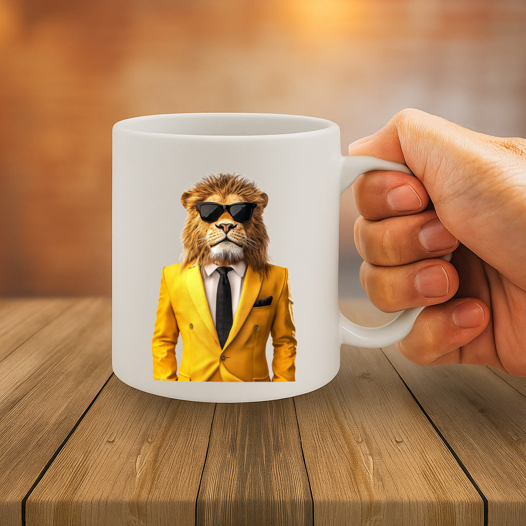 Stylish Cool Lion in Yellow Suit Coffee Mug – Bold Animal Art Design with Sunglasses, Perfect for Gifting or Office Vibes – 11 oz Ceramic Mug – MG6636