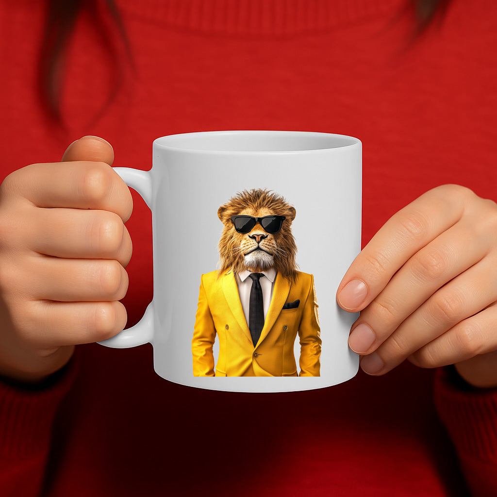 Stylish Cool Lion in Yellow Suit Coffee Mug – Bold Animal Art Design with Sunglasses, Perfect for Gifting or Office Vibes – 11 oz Ceramic Mug – MG6636
