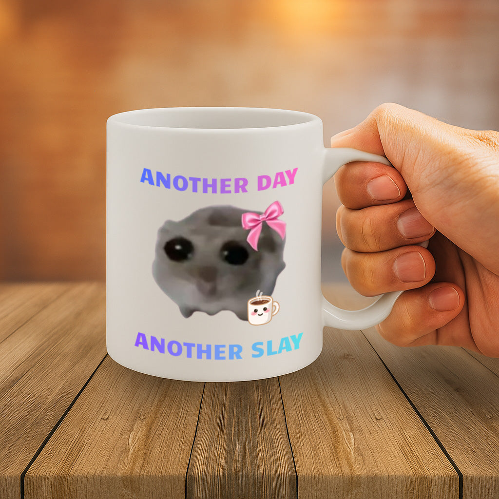 Funny Hamster Meme Ceramic Mug – 11oz White Coffee Cup, Dishwasher & Microwave Safe, "Another Day Another Slay" Cute Hamster Design, High Quality Print Durable Finish Gift – Design MG6803