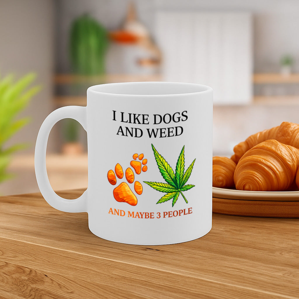 Funny Dog Lover Weed Ceramic Mug – 11oz White Coffee Cup, Dishwasher & Microwave Safe, "I Like Dogs and Weed and Maybe 3 People" Paw Print & Leaf Design, High Quality Print Durable Finish Gift  – Design MG6804