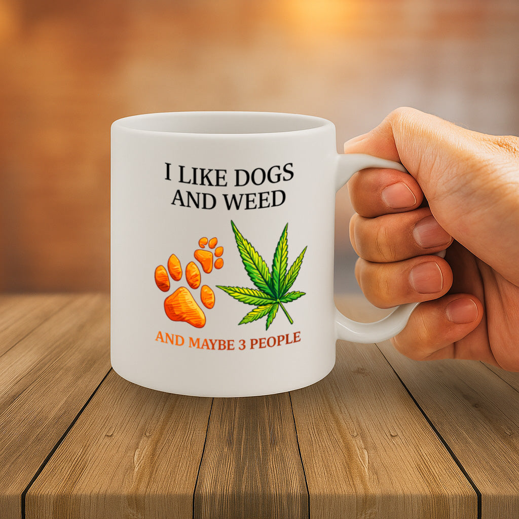 Funny Dog Lover Weed Ceramic Mug – 11oz White Coffee Cup, Dishwasher & Microwave Safe, "I Like Dogs and Weed and Maybe 3 People" Paw Print & Leaf Design, High Quality Print Durable Finish Gift  – Design MG6804