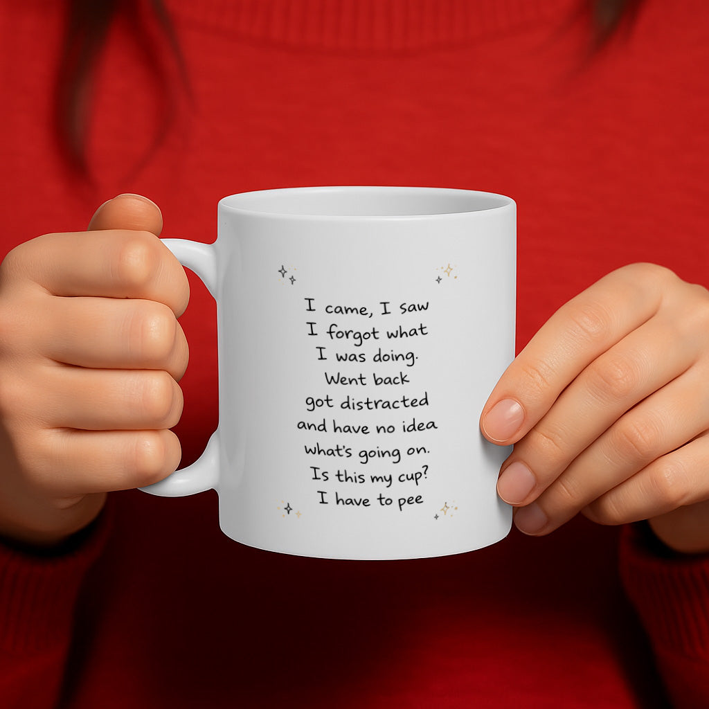 11oz White Coffee Cup,  Humorous "I Came, I Saw, I Forgot What I Was Doing" Text Design, High-Quality Print Durable Finish Gift for Birthdays, Office or Home Use – Design MG6805