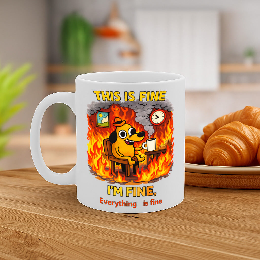 Funny Stress Meme Ceramic Mug – 11oz White Coffee Cup, Dishwasher & Microwave Safe, "This Is Fine, I'm Fine, Everything Is Fine" Cartoon Fire Dog Design, High Quality Print Durable Finish Gift  – Design MG6806