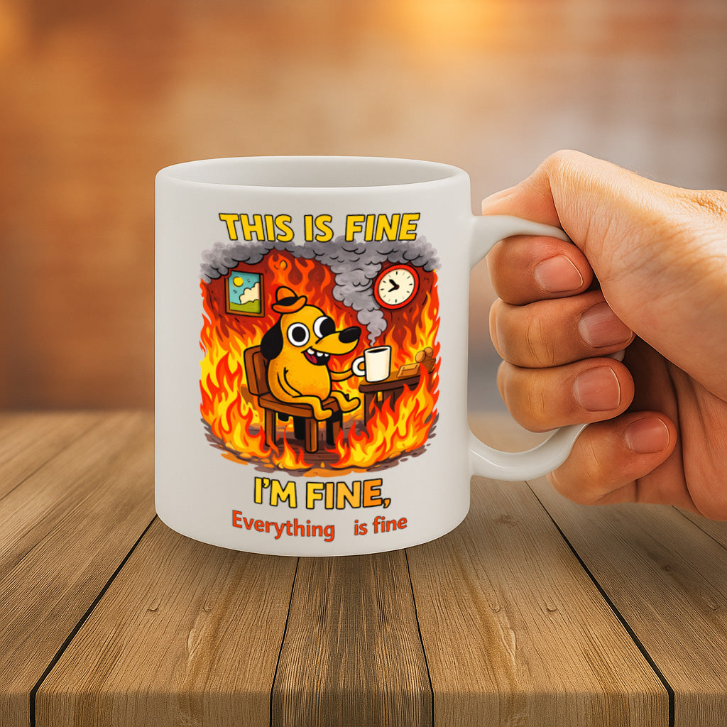 Funny Stress Meme Ceramic Mug – 11oz White Coffee Cup, Dishwasher & Microwave Safe, "This Is Fine, I'm Fine, Everything Is Fine" Cartoon Fire Dog Design, High Quality Print Durable Finish Gift  – Design MG6806
