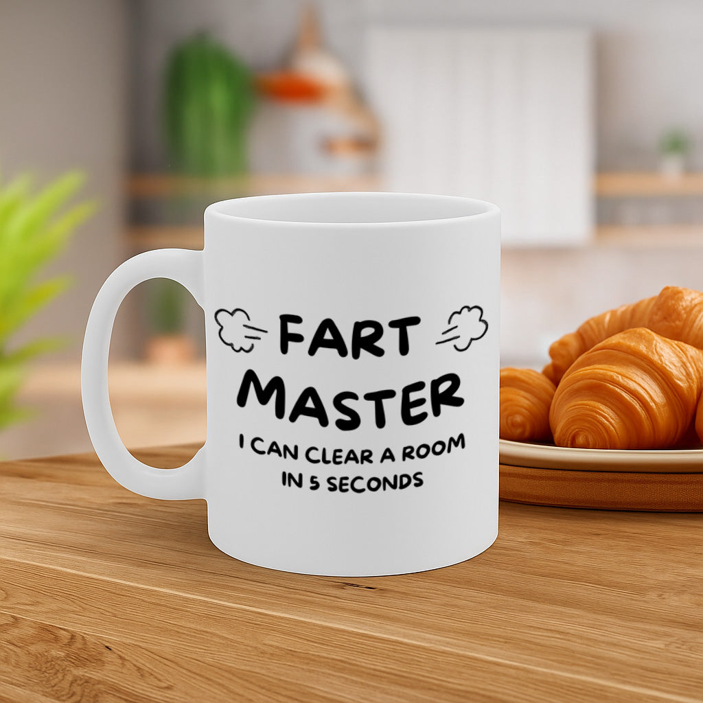 Funny Fart Joke Ceramic Mug – 11oz White Coffee Cup, Dishwasher & Microwave Safe, "Fart Master I Can Clear a Room in 5 Seconds" Humor Text Design, High Quality Print Durable Finish Gift – Design MG6807