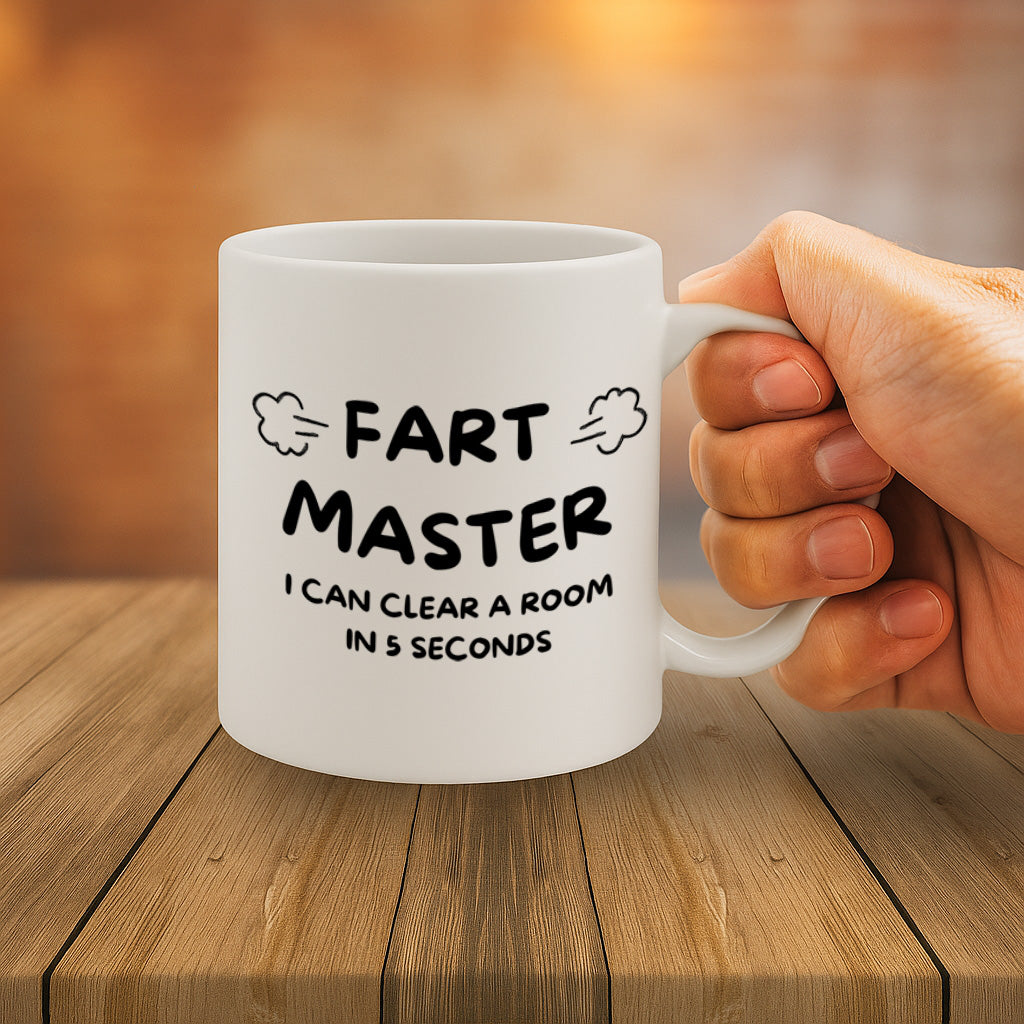 Funny Fart Joke Ceramic Mug – 11oz White Coffee Cup, Dishwasher & Microwave Safe, "Fart Master I Can Clear a Room in 5 Seconds" Humor Text Design, High Quality Print Durable Finish Gift – Design MG6807