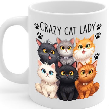 Crazy Cat Lady Ceramic Mug – 11oz White Coffee Cup, Dishwasher & Microwave Safe, Cute Multiple Cats Illustration Design, High Quality Print Durable Finish Gift  – Design MG6808