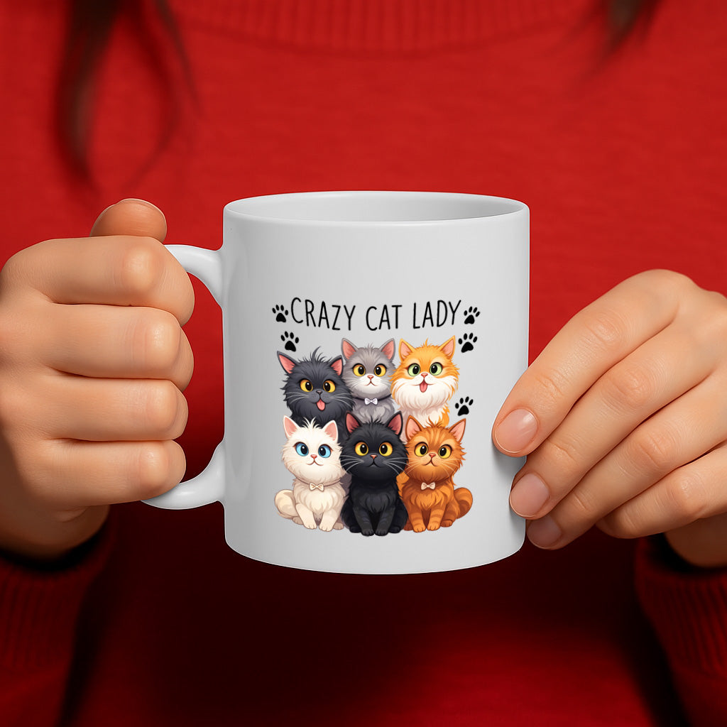 Crazy Cat Lady Ceramic Mug – 11oz White Coffee Cup, Dishwasher & Microwave Safe, Cute Multiple Cats Illustration Design, High Quality Print Durable Finish Gift  – Design MG6808