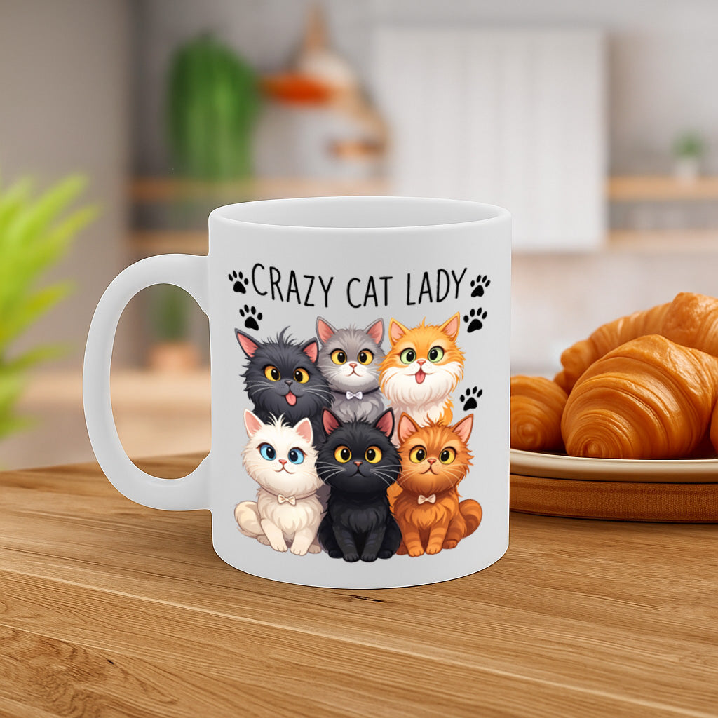 Crazy Cat Lady Ceramic Mug – 11oz White Coffee Cup, Dishwasher & Microwave Safe, Cute Multiple Cats Illustration Design, High Quality Print Durable Finish Gift  – Design MG6808