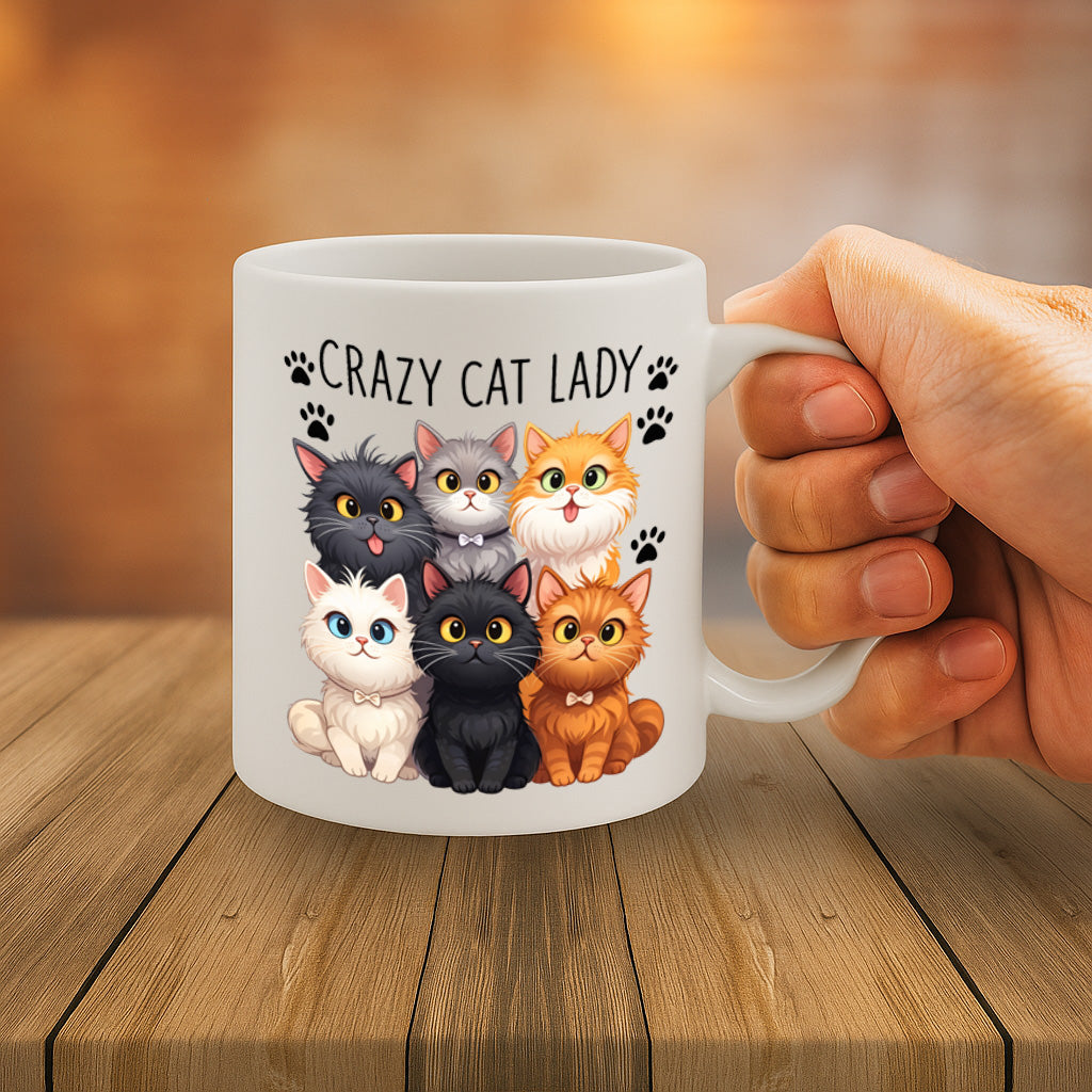 Crazy Cat Lady Ceramic Mug – 11oz White Coffee Cup, Dishwasher & Microwave Safe, Cute Multiple Cats Illustration Design, High Quality Print Durable Finish Gift  – Design MG6808