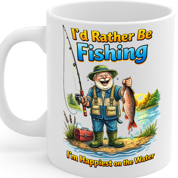 Fishing Lover Ceramic Mug – 11oz White Coffee Cup, Dishwasher & Microwave Safe, "I'd Rather Be Fishing" Happy Fisherman Illustration Design, High Quality Print Durable Finish Gift – Design MG6809