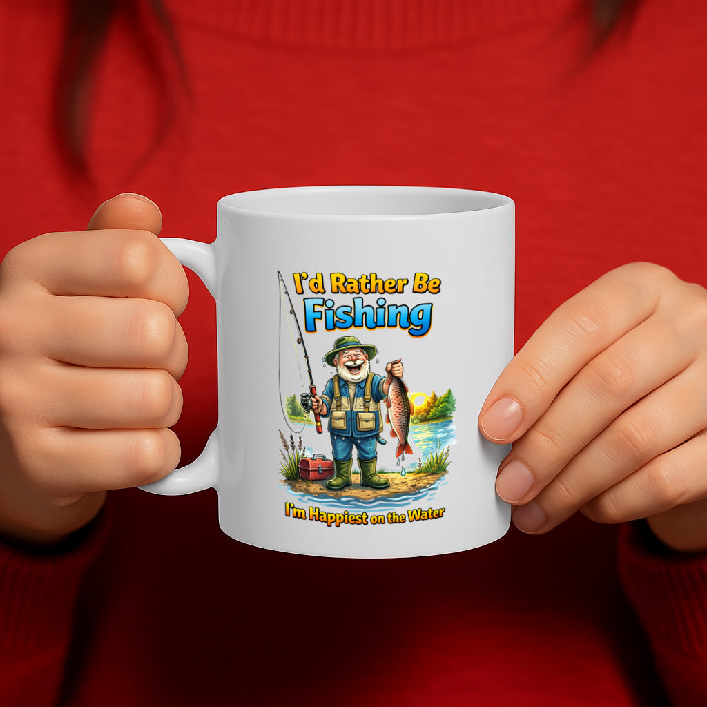 Fishing Lover Ceramic Mug – 11oz White Coffee Cup, Dishwasher & Microwave Safe, "I'd Rather Be Fishing" Happy Fisherman Illustration Design, High Quality Print Durable Finish Gift – Design MG6809