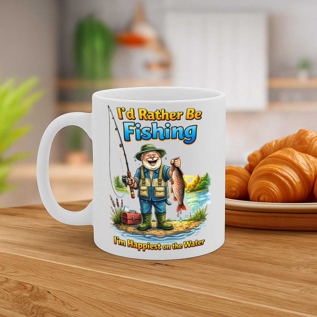 Fishing Lover Ceramic Mug – 11oz White Coffee Cup, Dishwasher & Microwave Safe, "I'd Rather Be Fishing" Happy Fisherman Illustration Design, High Quality Print Durable Finish Gift – Design MG6809