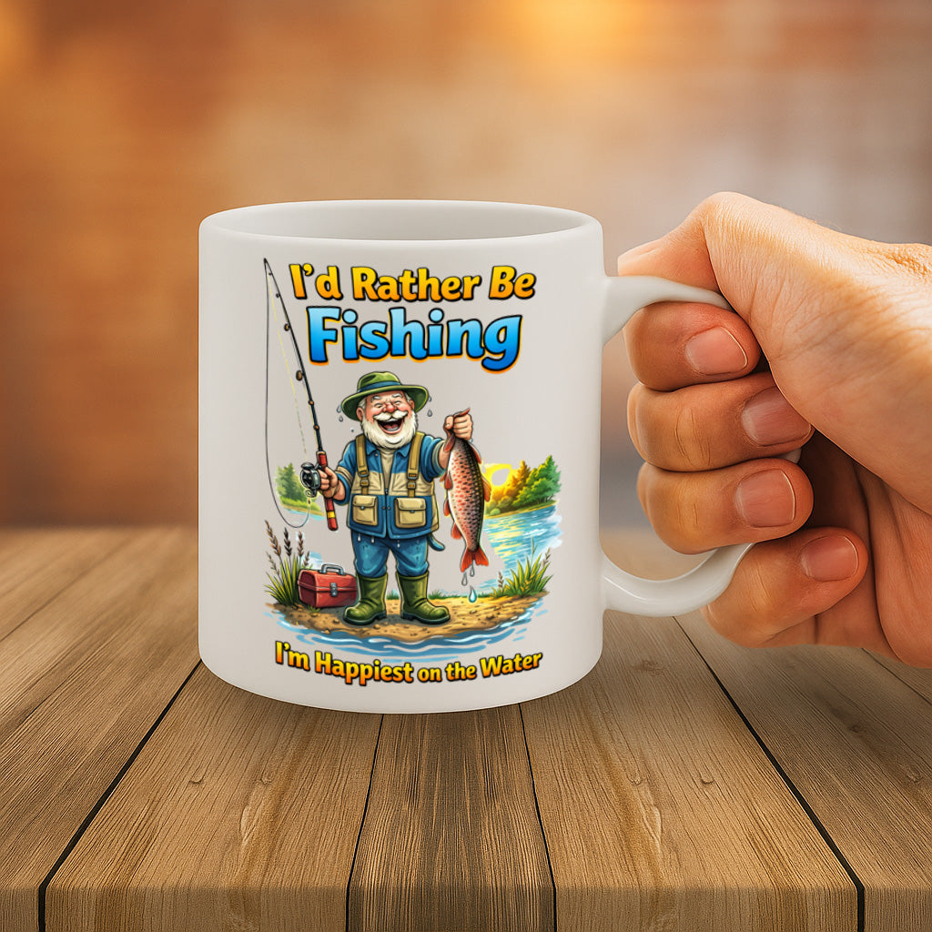 Fishing Lover Ceramic Mug – 11oz White Coffee Cup, Dishwasher & Microwave Safe, "I'd Rather Be Fishing" Happy Fisherman Illustration Design, High Quality Print Durable Finish Gift – Design MG6809