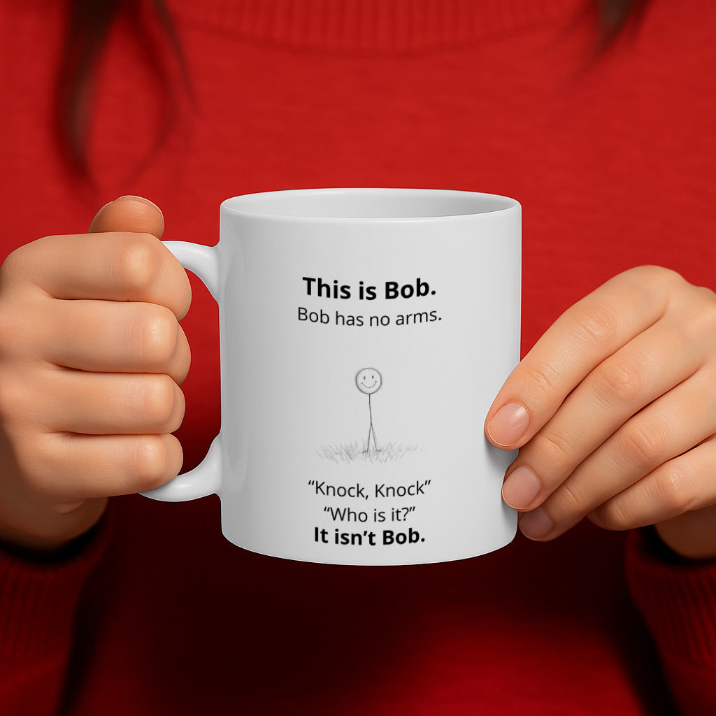 Funny Knock Knock Joke Ceramic Mug – 11oz White Coffee Cup, Dishwasher & Microwave Safe, "This Is Bob" Dark Humor Stick Figure Joke Design, High Quality Print Durable Finish Gift  – Design MG6811