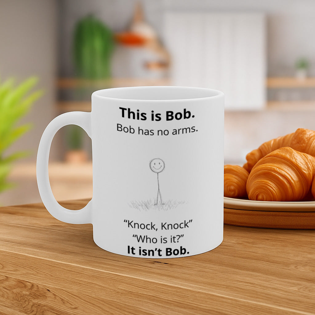 Funny Knock Knock Joke Ceramic Mug – 11oz White Coffee Cup, Dishwasher & Microwave Safe, "This Is Bob" Dark Humor Stick Figure Joke Design, High Quality Print Durable Finish Gift  – Design MG6811