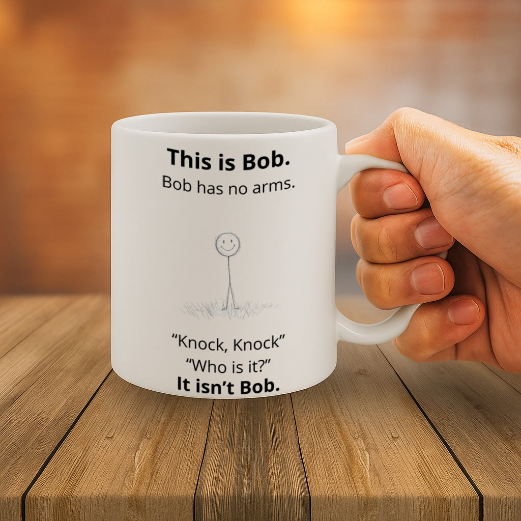 Funny Knock Knock Joke Ceramic Mug – 11oz White Coffee Cup, Dishwasher & Microwave Safe, "This Is Bob" Dark Humor Stick Figure Joke Design, High Quality Print Durable Finish Gift  – Design MG6811