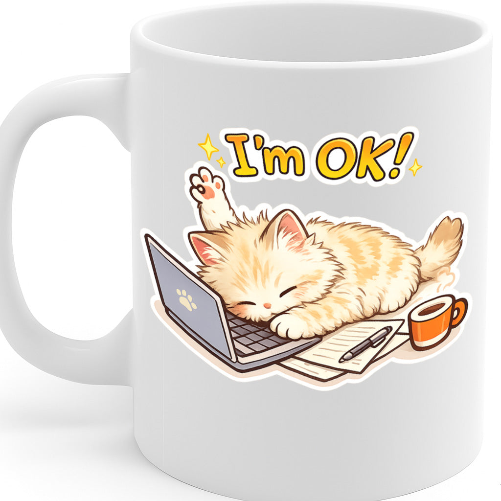 Funny Work From Home Cat Ceramic Mug – 11oz White Coffee Cup, Dishwasher & Microwave Safe, “I’m OK!” Cute Sleeping Cat Laptop Design, High Quality Print Durable Finish Gift for Birthdays – Design MG6814